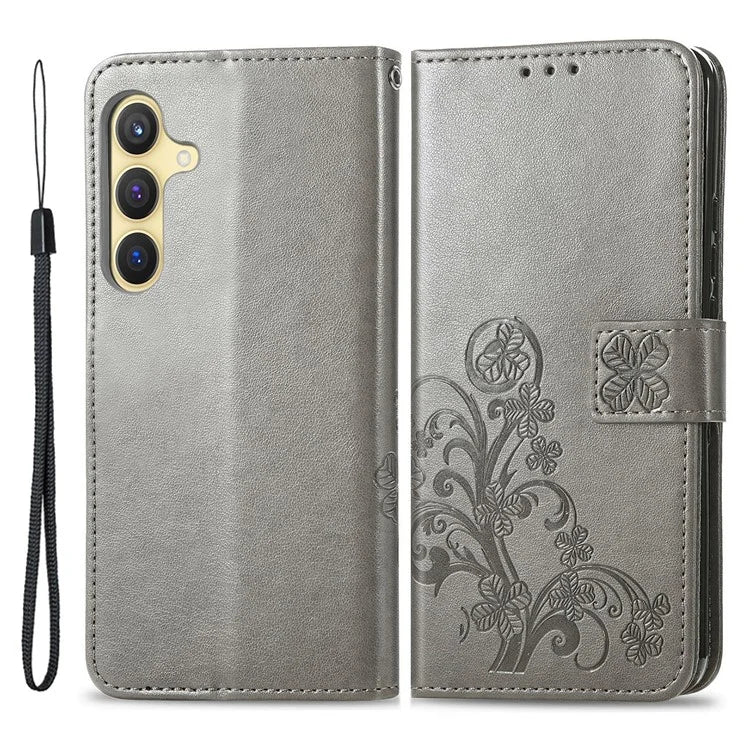 For Samsung Galaxy S24 Case Four-leaf Clover Pattern Leather Phone Cover Wallet