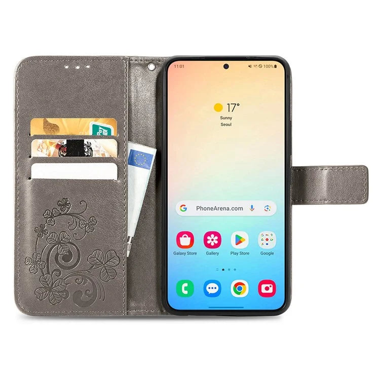 For Samsung Galaxy S24 Case Four-leaf Clover Pattern Leather Phone Cover Wallet