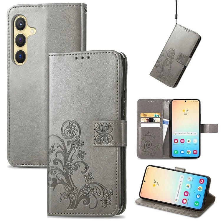 For Samsung Galaxy S24 Case Four-leaf Clover Pattern Leather Phone Cover Wallet
