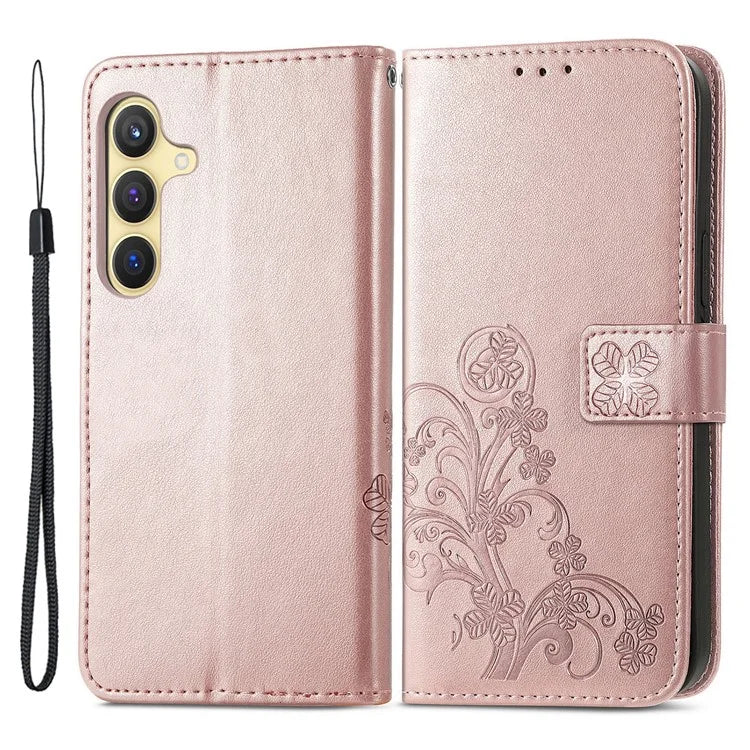 For Samsung Galaxy S24 Case Four-leaf Clover Pattern Leather Phone Cover Wallet