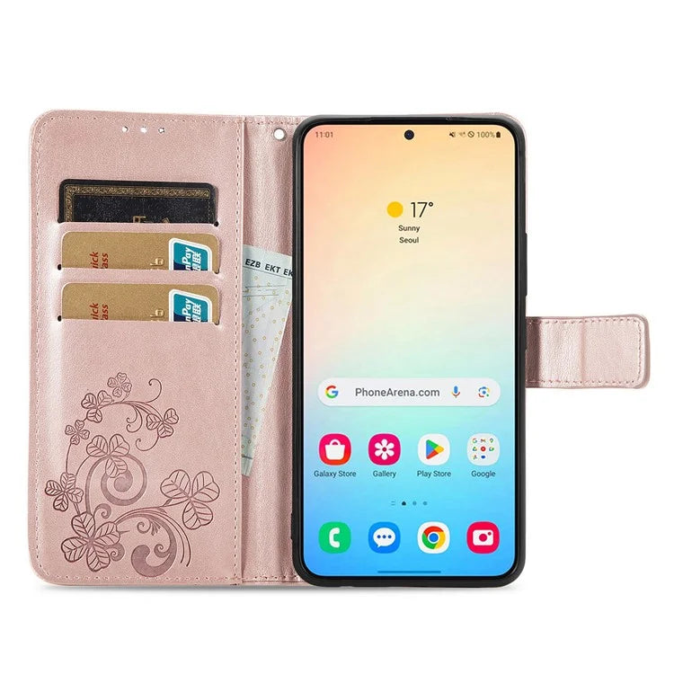 For Samsung Galaxy S24 Case Four-leaf Clover Pattern Leather Phone Cover Wallet