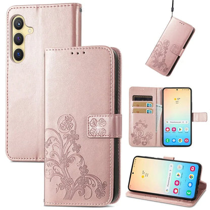 For Samsung Galaxy S24 Case Four-leaf Clover Pattern Leather Phone Cover Wallet