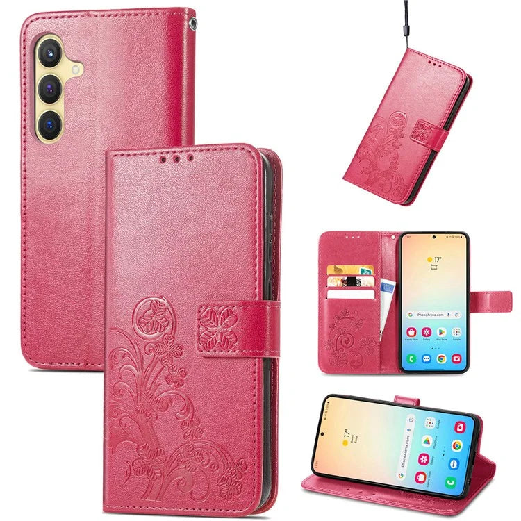 For Samsung Galaxy S24 Case Four-leaf Clover Pattern Leather Phone Cover Wallet