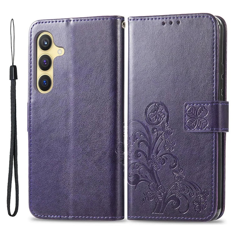 For Samsung Galaxy S24 Case Four-leaf Clover Pattern Leather Phone Cover Wallet