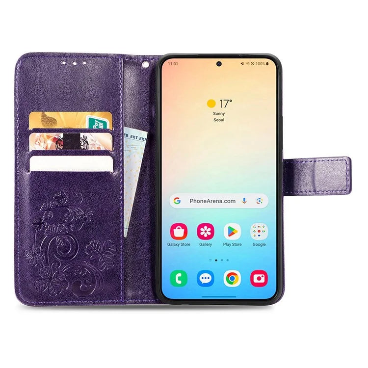 For Samsung Galaxy S24 Case Four-leaf Clover Pattern Leather Phone Cover Wallet