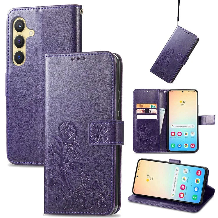 For Samsung Galaxy S24 Case Four-leaf Clover Pattern Leather Phone Cover Wallet