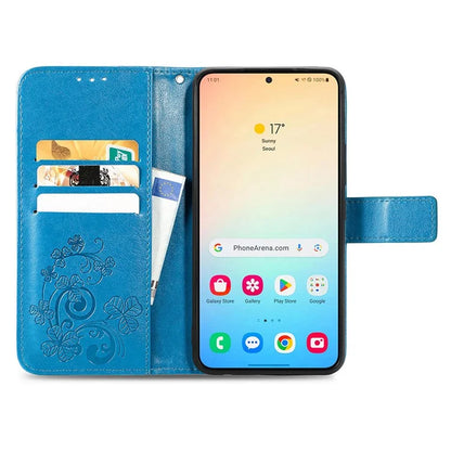 For Samsung Galaxy S24 Case Four-leaf Clover Pattern Leather Phone Cover Wallet
