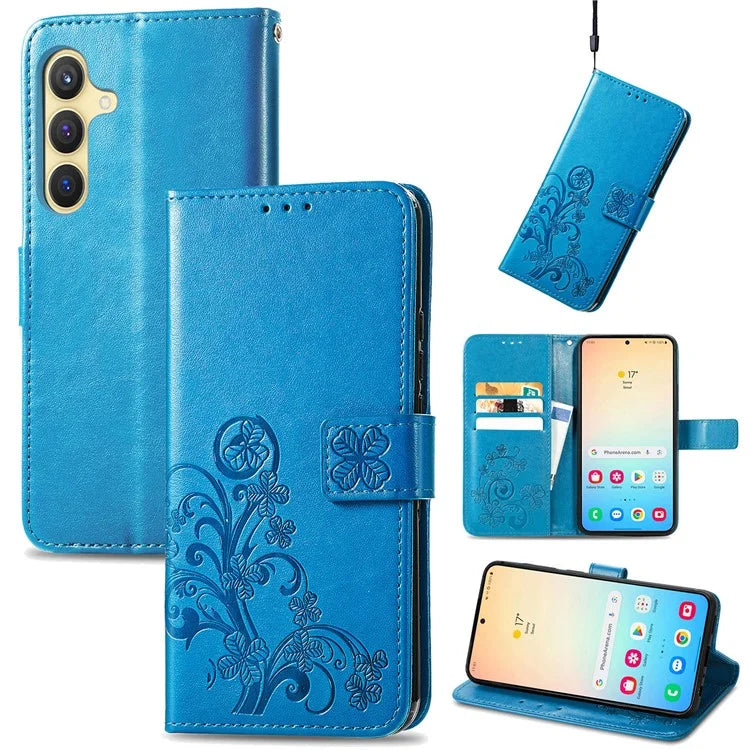 For Samsung Galaxy S24 Case Four-leaf Clover Pattern Leather Phone Cover Wallet