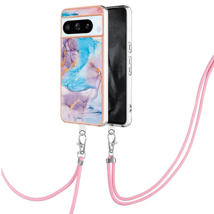 YB IMD Series-4 For Google Pixel 8 Pro Case TPU Marble Flower Pattern Back Cover with Lanyard