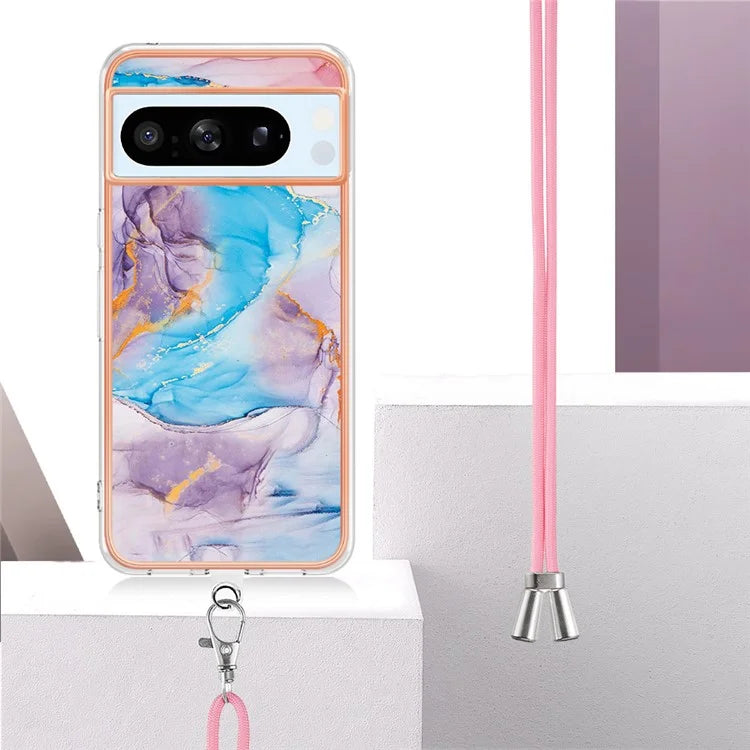 YB IMD Series-4 For Google Pixel 8 Pro Case TPU Marble Flower Pattern Back Cover with Lanyard