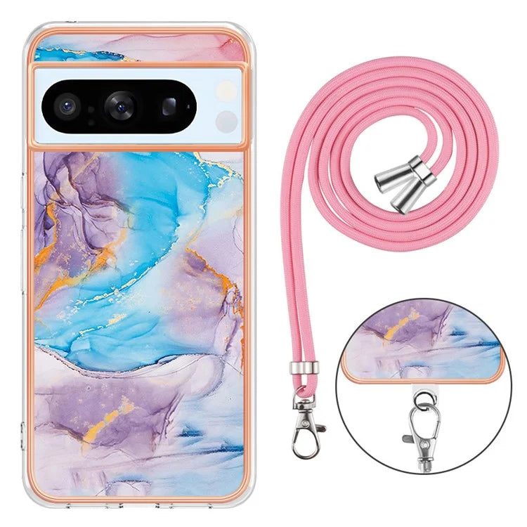 YB IMD Series-4 For Google Pixel 8 Pro Case TPU Marble Flower Pattern Back Cover with Lanyard