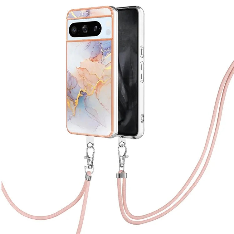 YB IMD Series-4 For Google Pixel 8 Pro Case TPU Marble Flower Pattern Back Cover with Lanyard