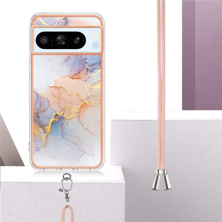 YB IMD Series-4 For Google Pixel 8 Pro Case TPU Marble Flower Pattern Back Cover with Lanyard