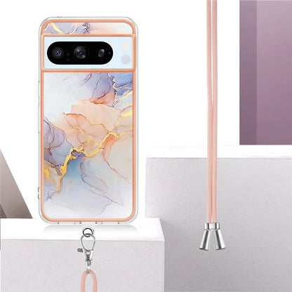 YB IMD Series-4 For Google Pixel 8 Pro Case TPU Marble Flower Pattern Back Cover with Lanyard