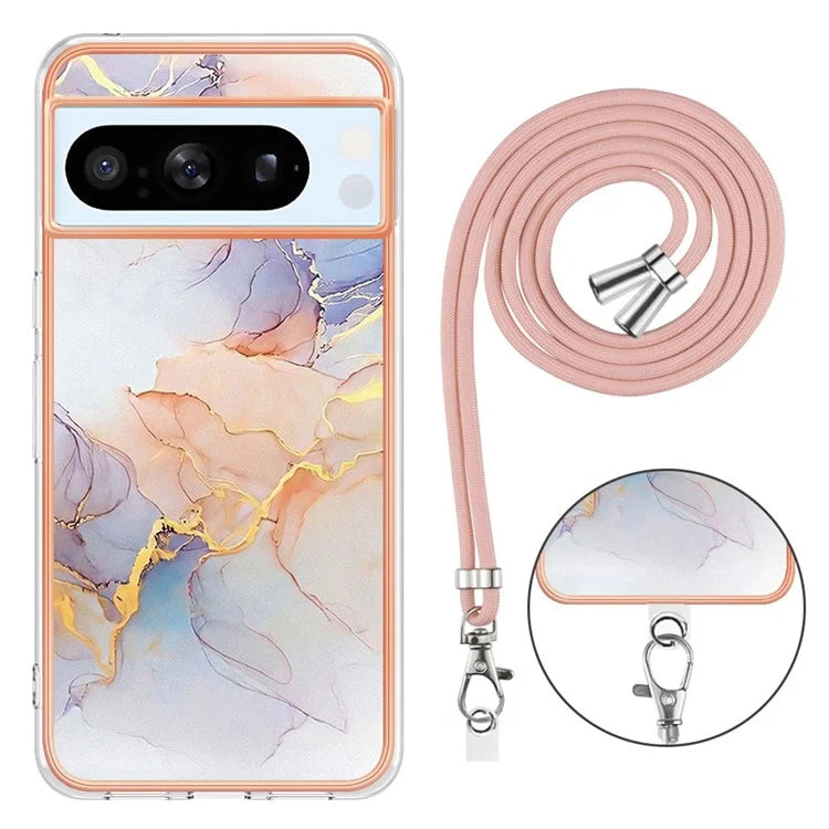 YB IMD Series-4 For Google Pixel 8 Pro Case TPU Marble Flower Pattern Back Cover with Lanyard