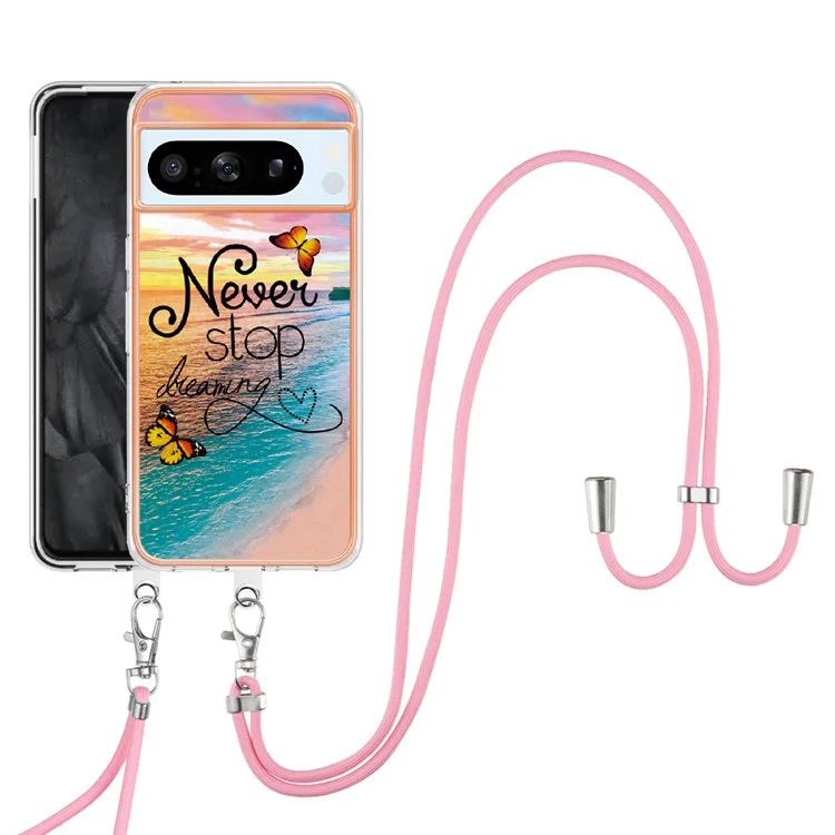 YB IMD Series-4 For Google Pixel 8 Pro Case TPU Marble Flower Pattern Back Cover with Lanyard