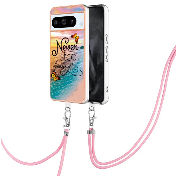 YB IMD Series-4 For Google Pixel 8 Pro Case TPU Marble Flower Pattern Back Cover with Lanyard