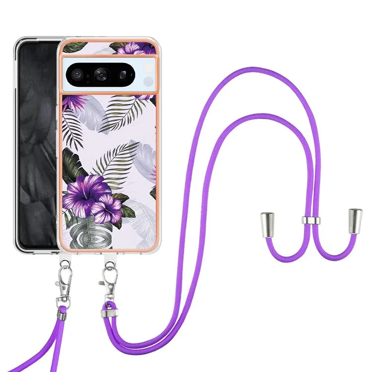 YB IMD Series-4 For Google Pixel 8 Pro Case TPU Marble Flower Pattern Back Cover with Lanyard