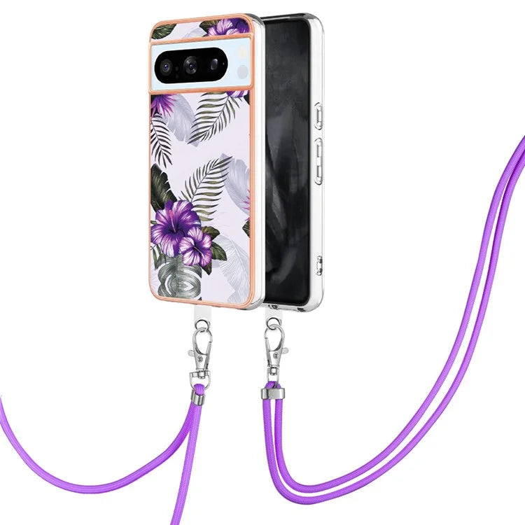 YB IMD Series-4 For Google Pixel 8 Pro Case TPU Marble Flower Pattern Back Cover with Lanyard