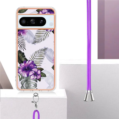 YB IMD Series-4 For Google Pixel 8 Pro Case TPU Marble Flower Pattern Back Cover with Lanyard