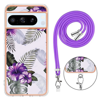 YB IMD Series-4 For Google Pixel 8 Pro Case TPU Marble Flower Pattern Back Cover with Lanyard