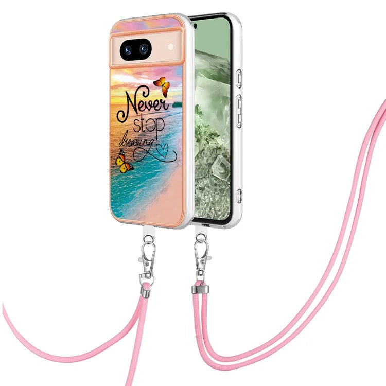 YB IMD Series-4 For Google Pixel 8a Case Marble Flower Pattern Phone Cover with Adjustable Lanyard