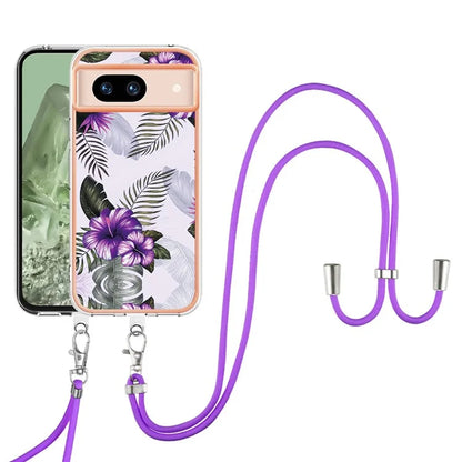YB IMD Series-4 For Google Pixel 8a Case Marble Flower Pattern Phone Cover with Adjustable Lanyard