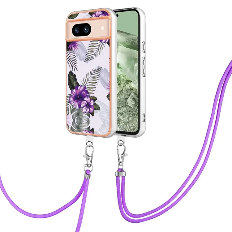YB IMD Series-4 For Google Pixel 8a Case Marble Flower Pattern Phone Cover with Adjustable Lanyard
