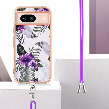 YB IMD Series-4 For Google Pixel 8a Case Marble Flower Pattern Phone Cover with Adjustable Lanyard