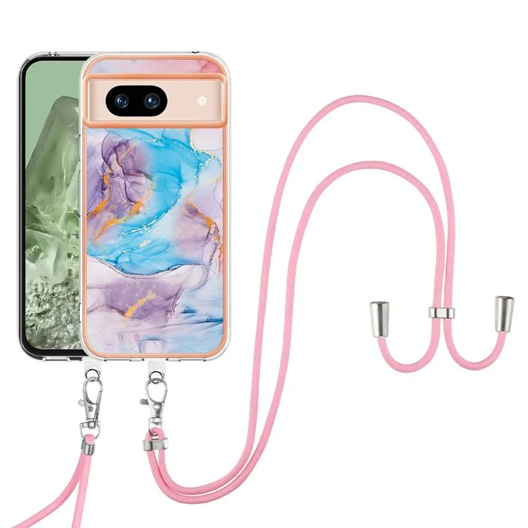 YB IMD Series-4 For Google Pixel 8a Case Marble Flower Pattern Phone Cover with Adjustable Lanyard
