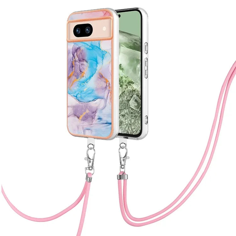 YB IMD Series-4 For Google Pixel 8a Case Marble Flower Pattern Phone Cover with Adjustable Lanyard