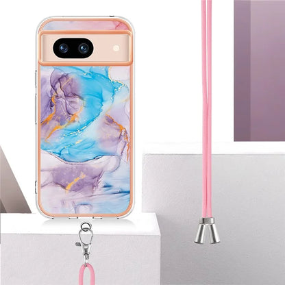 YB IMD Series-4 For Google Pixel 8a Case Marble Flower Pattern Phone Cover with Adjustable Lanyard