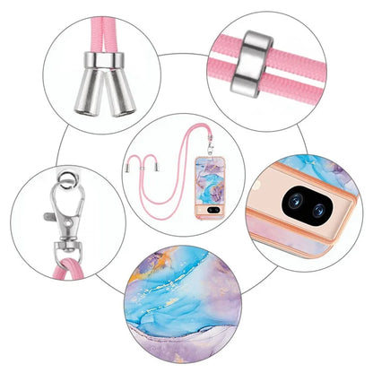 YB IMD Series-4 For Google Pixel 8a Case Marble Flower Pattern Phone Cover with Adjustable Lanyard