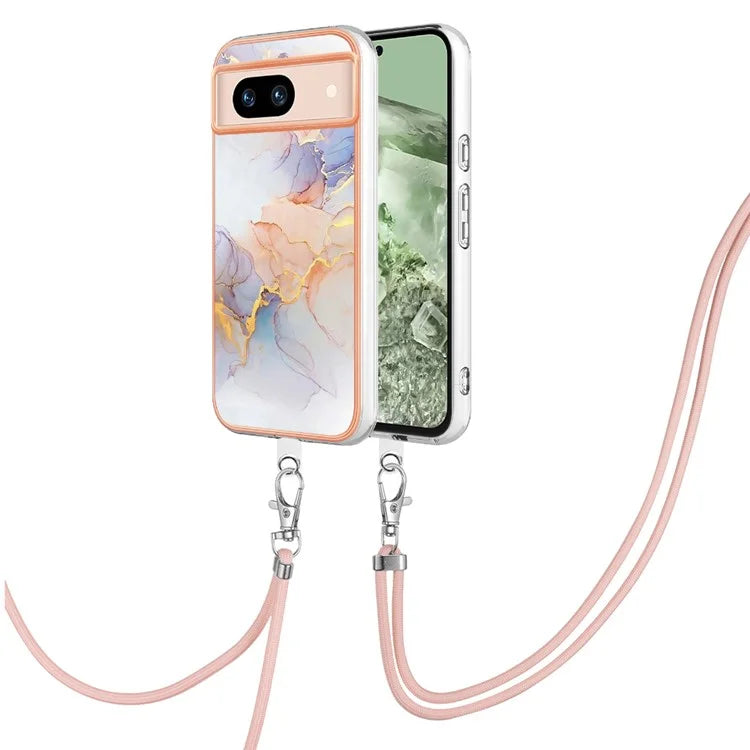 YB IMD Series-4 For Google Pixel 8a Case Marble Flower Pattern Phone Cover with Adjustable Lanyard