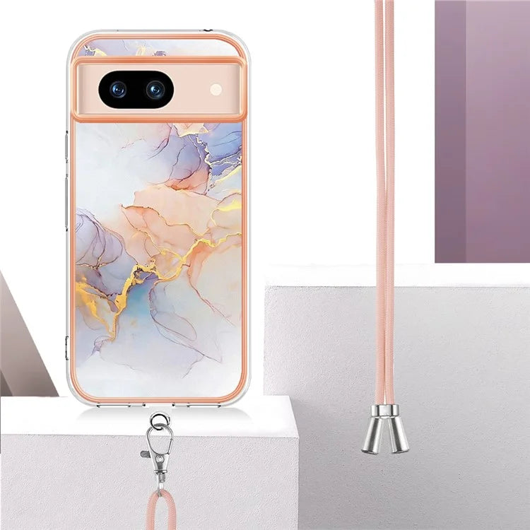 YB IMD Series-4 For Google Pixel 8a Case Marble Flower Pattern Phone Cover with Adjustable Lanyard