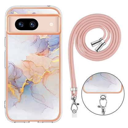 YB IMD Series-4 For Google Pixel 8a Case Marble Flower Pattern Phone Cover with Adjustable Lanyard