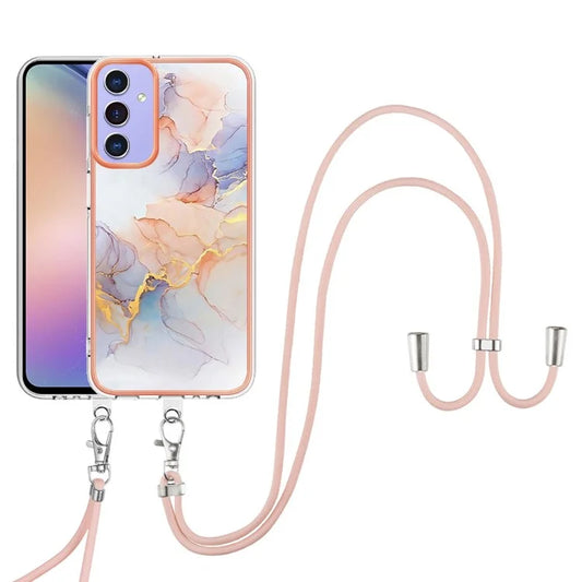 YB IMD Series-4 IMD For Samsung Galaxy A15 5G TPU Case with Lanyard Marble Flower Pattern Phone Shell