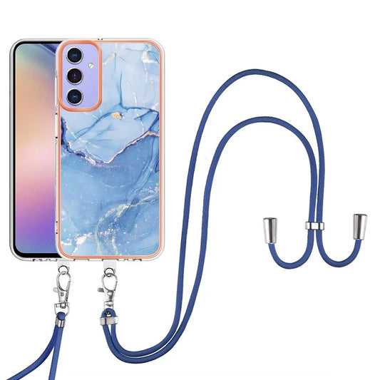 YB IMD Series-18 Style E for Samsung Galaxy A15 5G / A15 4G TPU Case Marble Pattern Phone Cover with Crossbody Lanyard