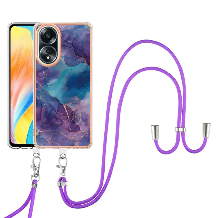 YB IMD Series-18 Style E for Oppo A58 4G Case Marble Pattern Electroplating Cover with Lanyard