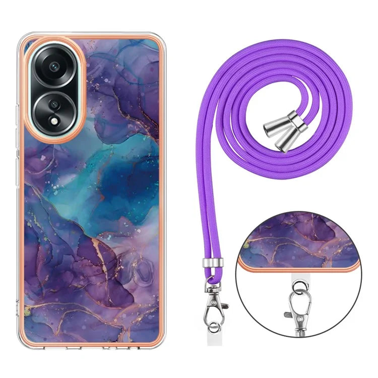 YB IMD Series-18 Style E for Oppo A58 4G Case Marble Pattern Electroplating Cover with Lanyard