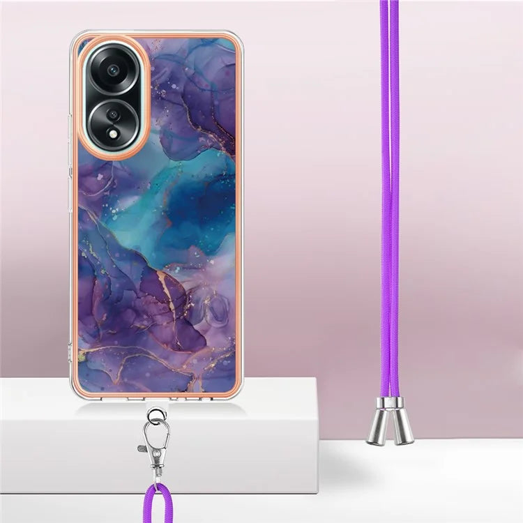 YB IMD Series-18 Style E for Oppo A58 4G Case Marble Pattern Electroplating Cover with Lanyard