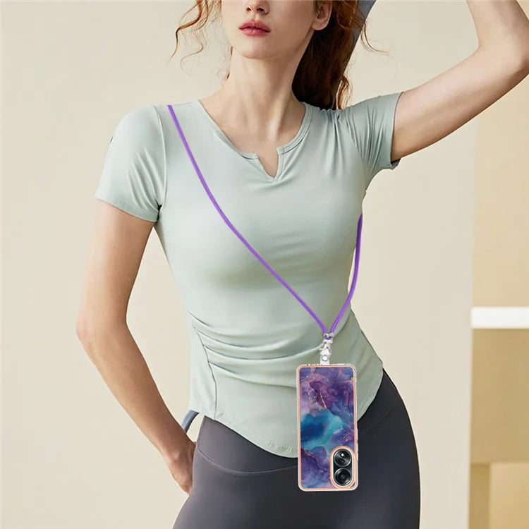 YB IMD Series-18 Style E for Oppo A58 4G Case Marble Pattern Electroplating Cover with Lanyard