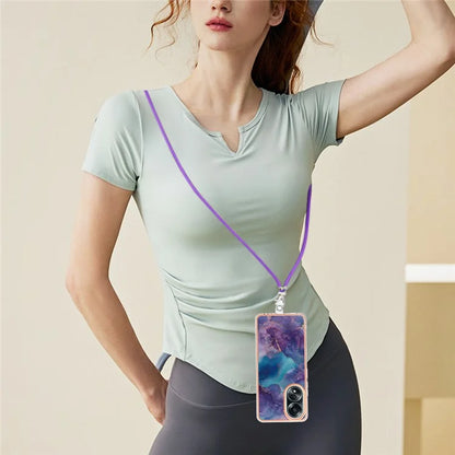 YB IMD Series-18 Style E for Oppo A58 4G Case Marble Pattern Electroplating Cover with Lanyard