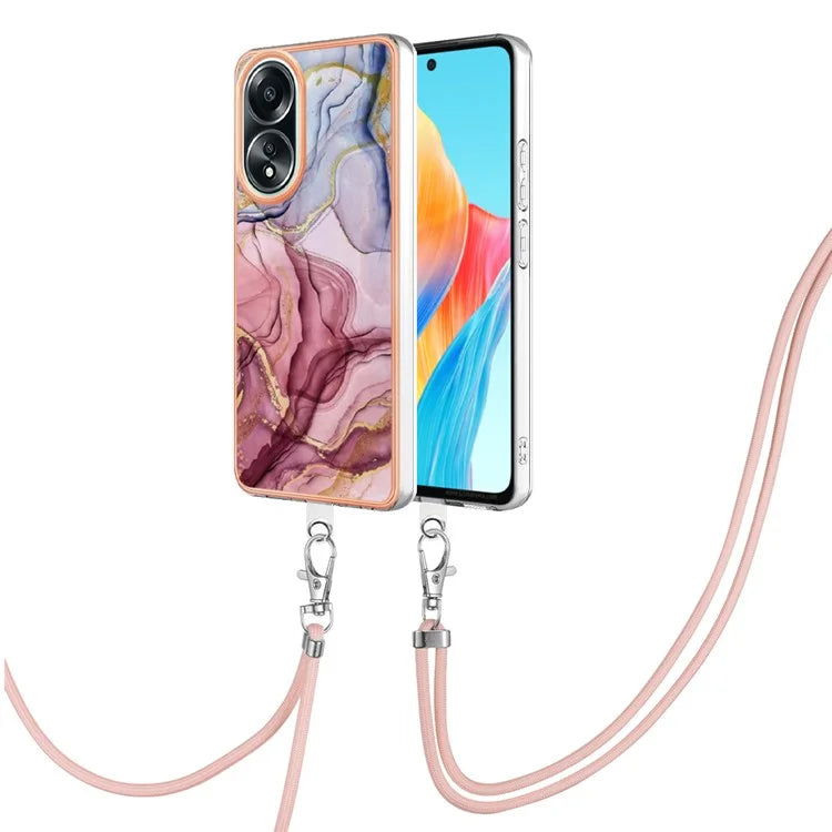 YB IMD Series-18 Style E for Oppo A58 4G Case Marble Pattern Electroplating Cover with Lanyard