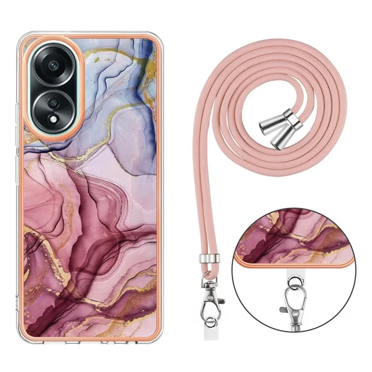 YB IMD Series-18 Style E for Oppo A58 4G Case Marble Pattern Electroplating Cover with Lanyard