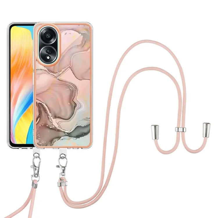 YB IMD Series-18 Style E for Oppo A58 4G Case Marble Pattern Electroplating Cover with Lanyard
