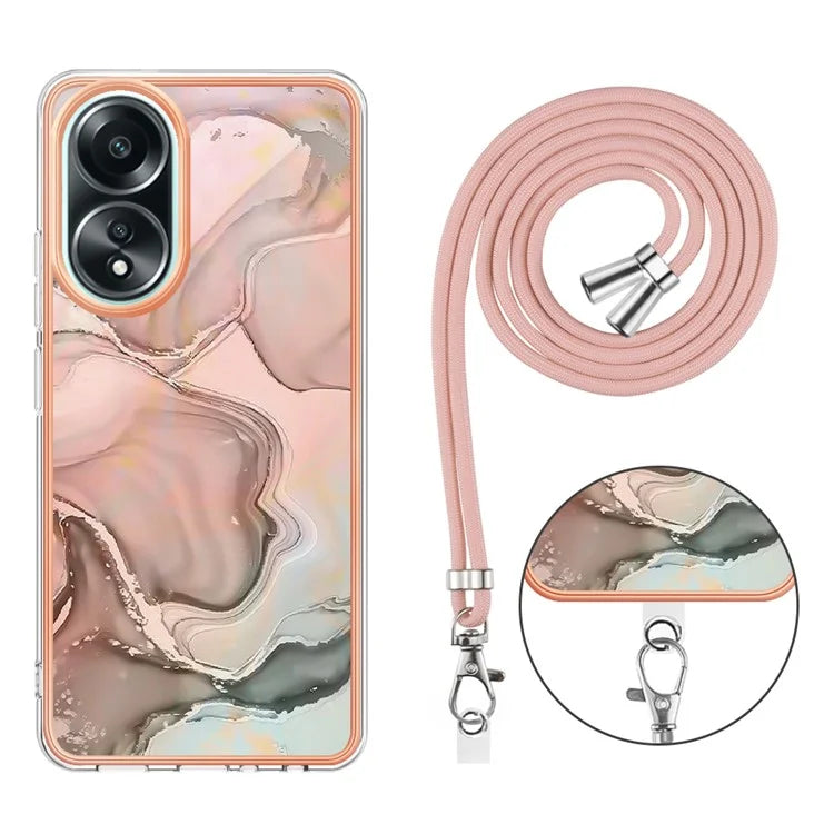 YB IMD Series-18 Style E for Oppo A58 4G Case Marble Pattern Electroplating Cover with Lanyard