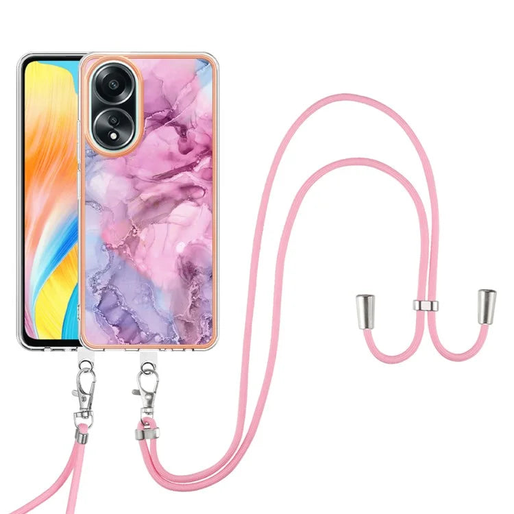 YB IMD Series-18 Style E for Oppo A58 4G Case Marble Pattern Electroplating Cover with Lanyard