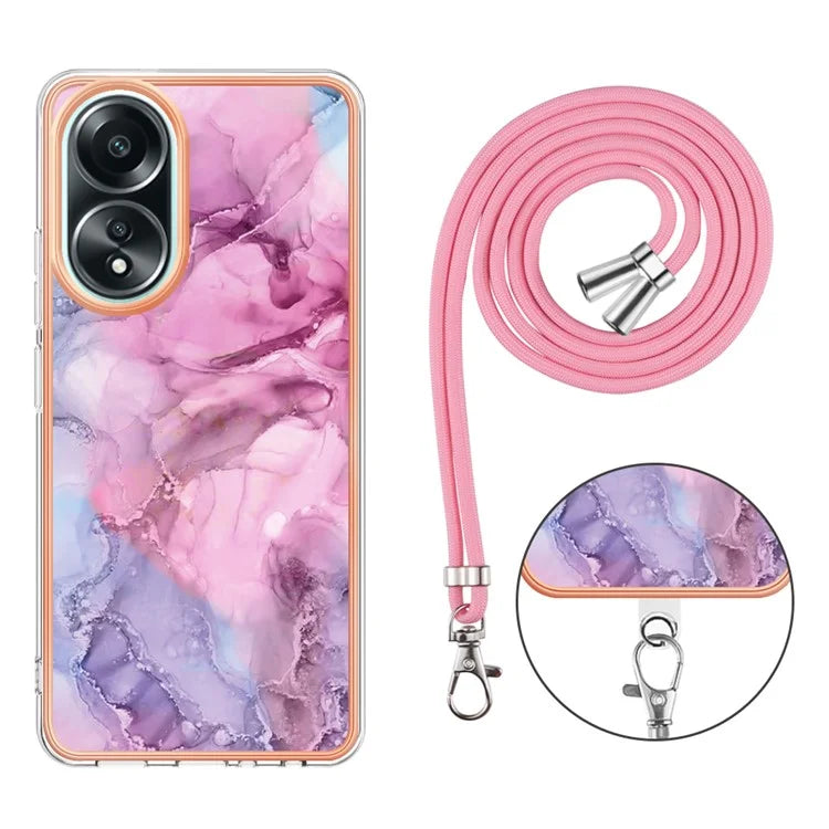 YB IMD Series-18 Style E for Oppo A58 4G Case Marble Pattern Electroplating Cover with Lanyard