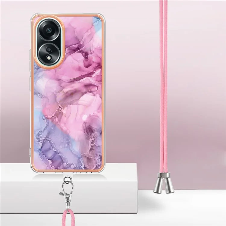 YB IMD Series-18 Style E for Oppo A58 4G Case Marble Pattern Electroplating Cover with Lanyard